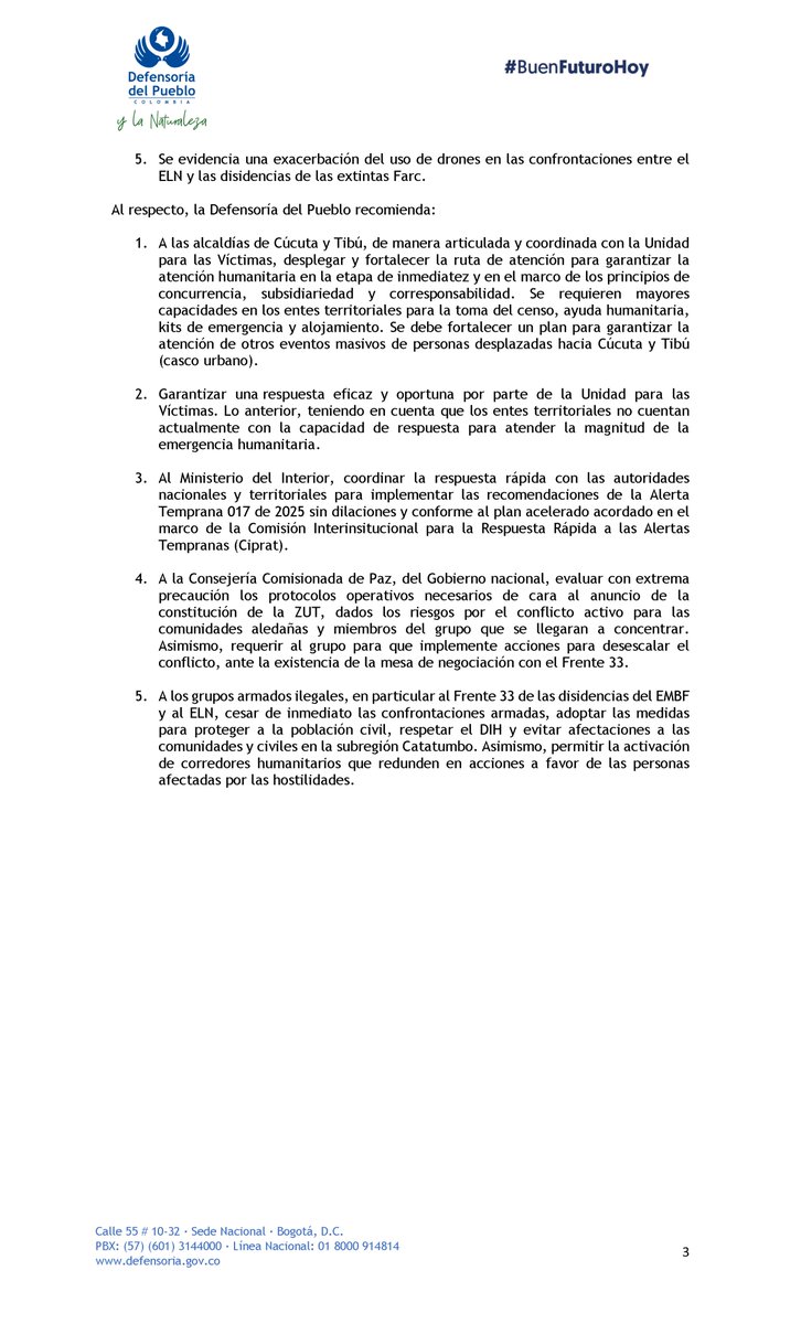 Defensoría del Pueblo urge atención inmediata para situación humanitaria en el Catatumbo.

Tras casi un año, la subregión del Catatumbo ha sido escenario de múltiples hechos que vulneran los derechos humanos y el derecho internacional humanitario (DIH). Actualmente, continúa