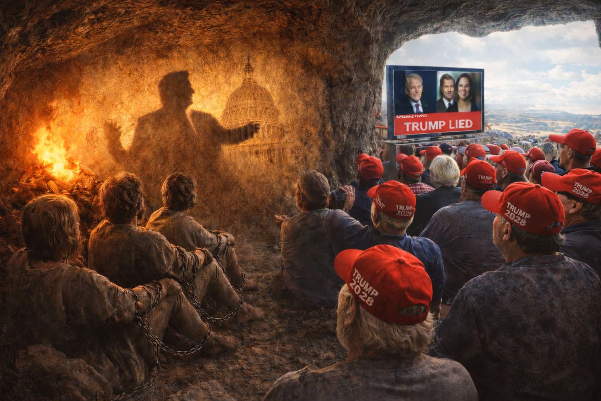 naretevduorp's tweet image. Is MAGA Stuck in Plato's Cave?

Why facts rarely persuade Trump supporters - and what Plato understood 2400 years ago.

Plato's Cave - The Allegory

Picture prisoners chained since birth in a dark cave, facing a stone wall. Behind them burns a fire. Between the fire and the…