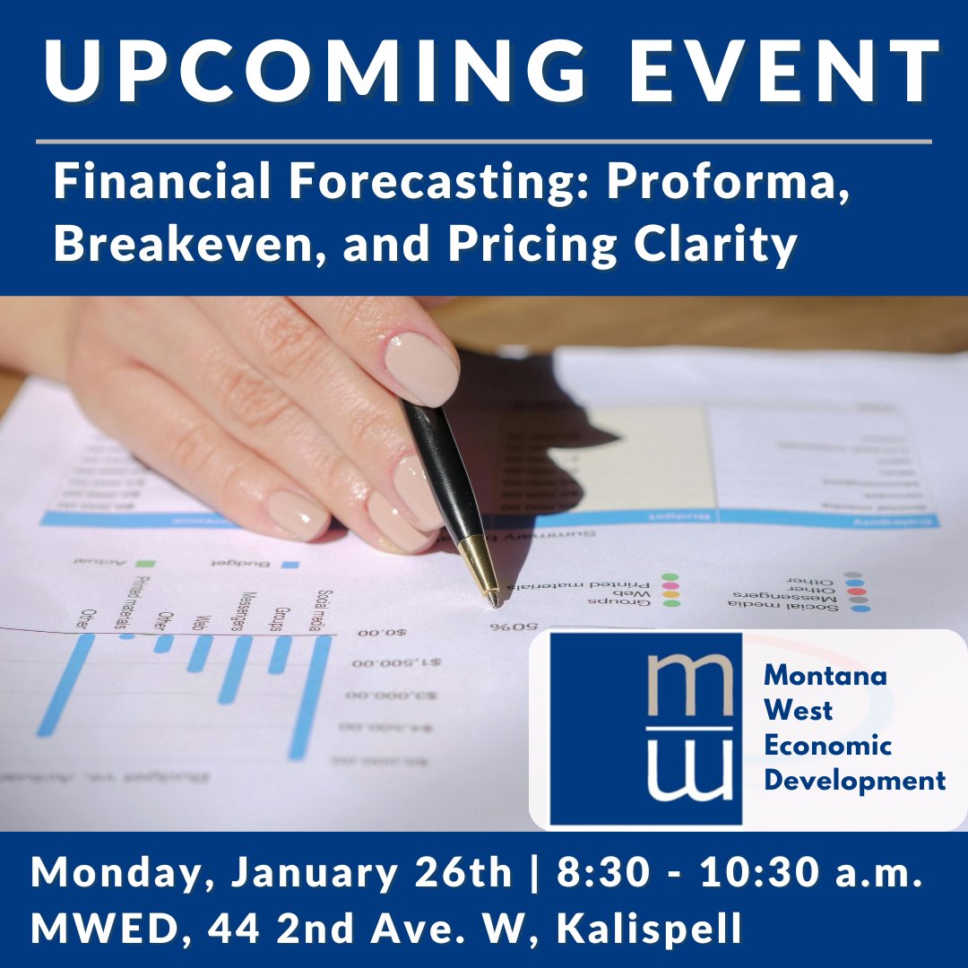MontanaHighTech's tweet image. Accurate forecasting gives startups the clarity to price well, manage cash flow, and prepare for growth. Join @MWED_DoBusiness for their workshop “Financial Forecasting: Proforma, Breakeven, and Pricing Clarity,” Jan. 26, 8:30 - 10:00 a.m. in #Kalispell.  bit.ly/4jfZ6gd