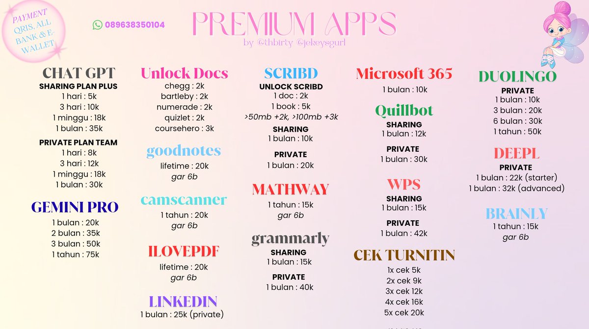 thbirty's tweet image. ``•— ready all app prem &amp;amp; acc —•``

🌸 order by dm &amp;amp; whatsapp
🎀 please mt after dm 👀
💘 our testi &amp;gt;&amp;gt; padlet.com/ecajualan/thbi…
💝 fastrespon &amp;gt;&amp;gt; wa.me/6289638350104

               ♬ ヾ(´︶`♡)ﾉ ♬ 
#zonauang #zonaba
spotify netflix disney canva dramabox youtube capcut gpt