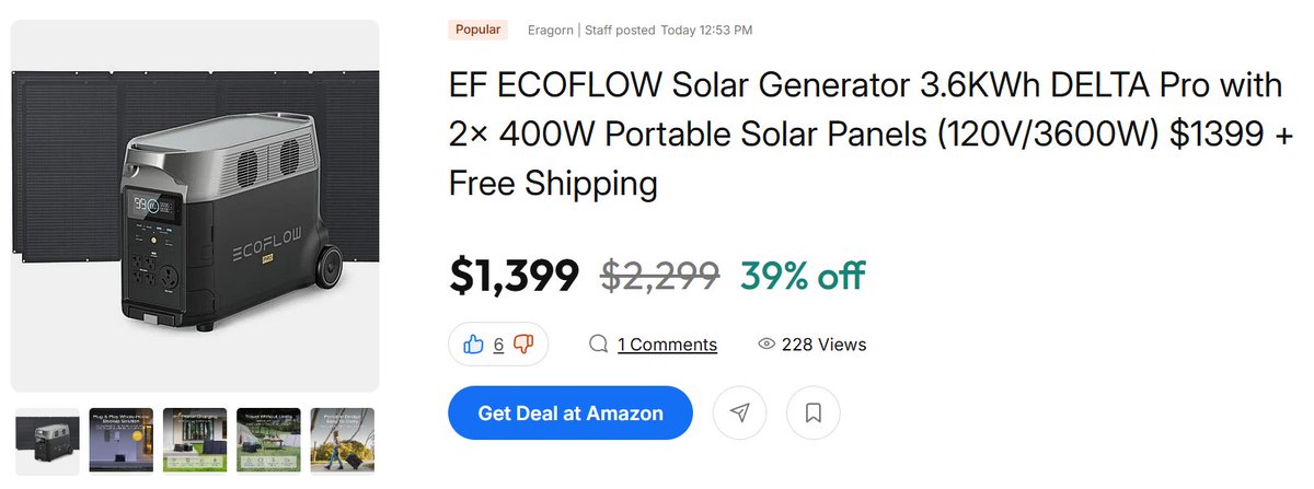 Amazon has EF ECOFLOW Solar Generator 3.6KWh DELTA Pro with 2x 400W  Portable Solar Panels (120V/3600W) for $1399  *ad https://t.co/gAve9tpEc8