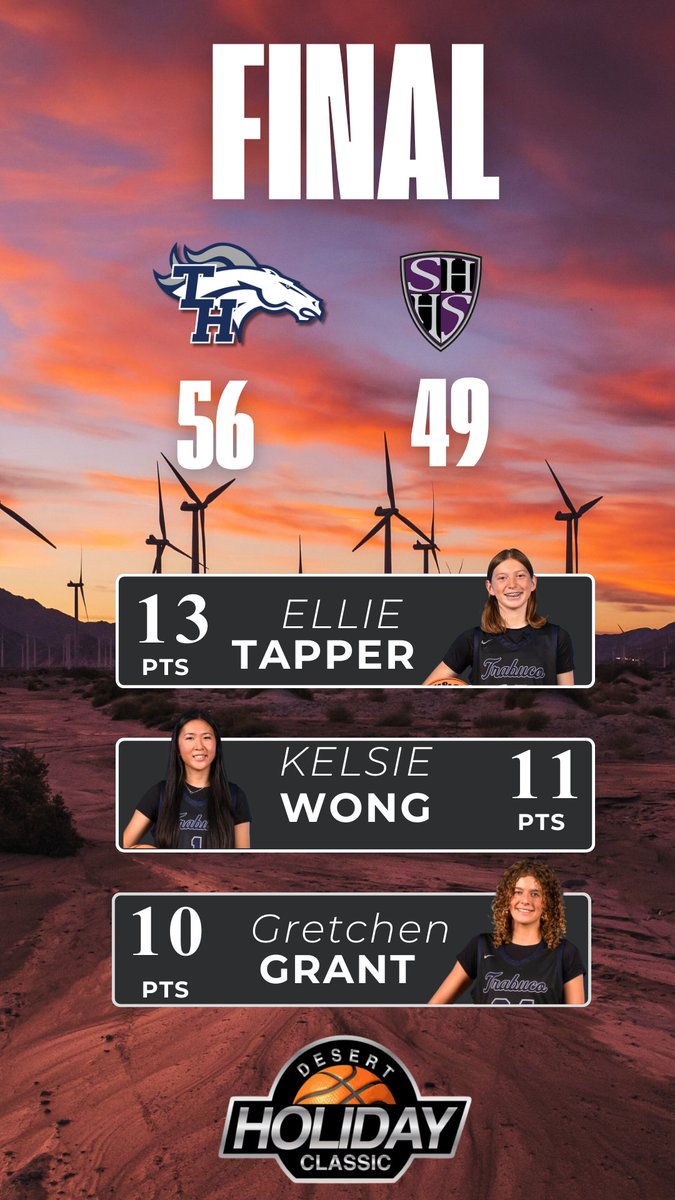Trabuco Hills- 56
Santiago- 49

Mustangs bounce back after a tough loss and take out Shadow Hills in the Desert Holiday Classic and are now 13-3 on the season. Final game tomorrow!

Ellie Tapper- 13 pts 
Gretchen Grant- 10 pts  
Kelsie Wong- 11 pts 

<a href="/ocvarsityguy/">Dan Albano</a>
<a href="/OCSportsZone/">OC Sports Zone</a>