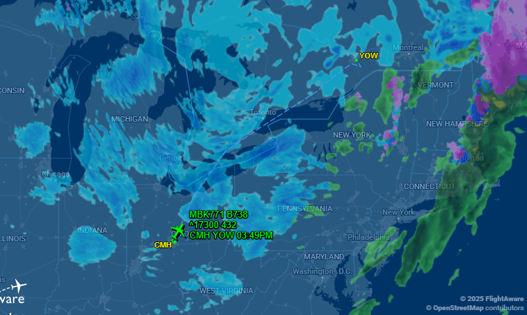 Blue Jackets depart Columbus - scheduled to land in Ottawa at 3:49 p.m.