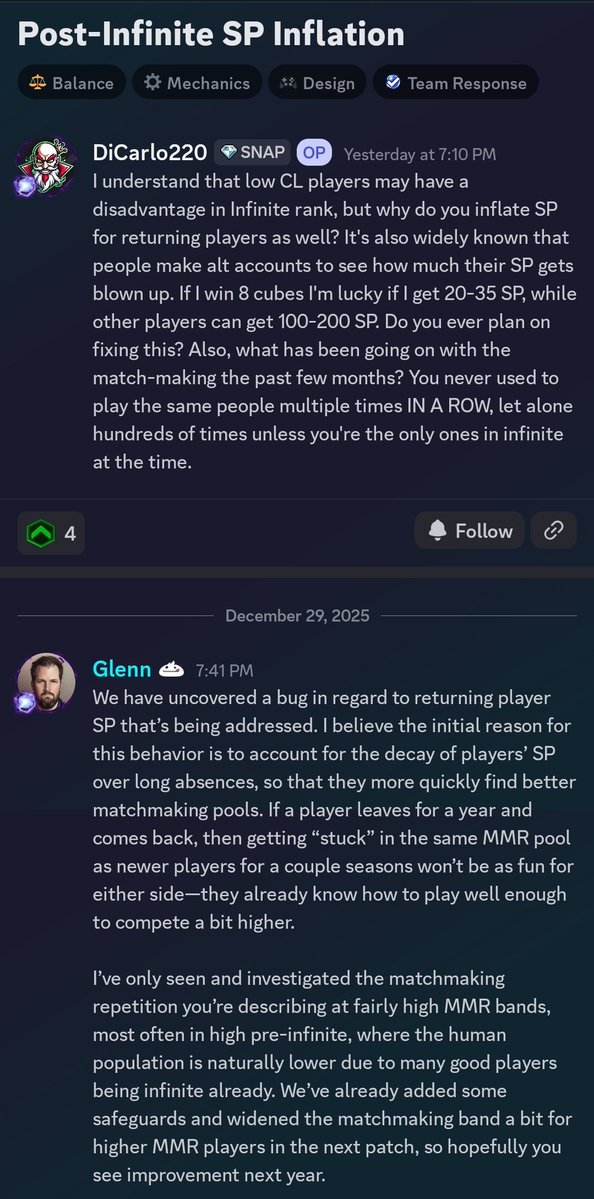 MarvelSnapBugle's tweet image. Glenn on why returning players SP gains are inflated.