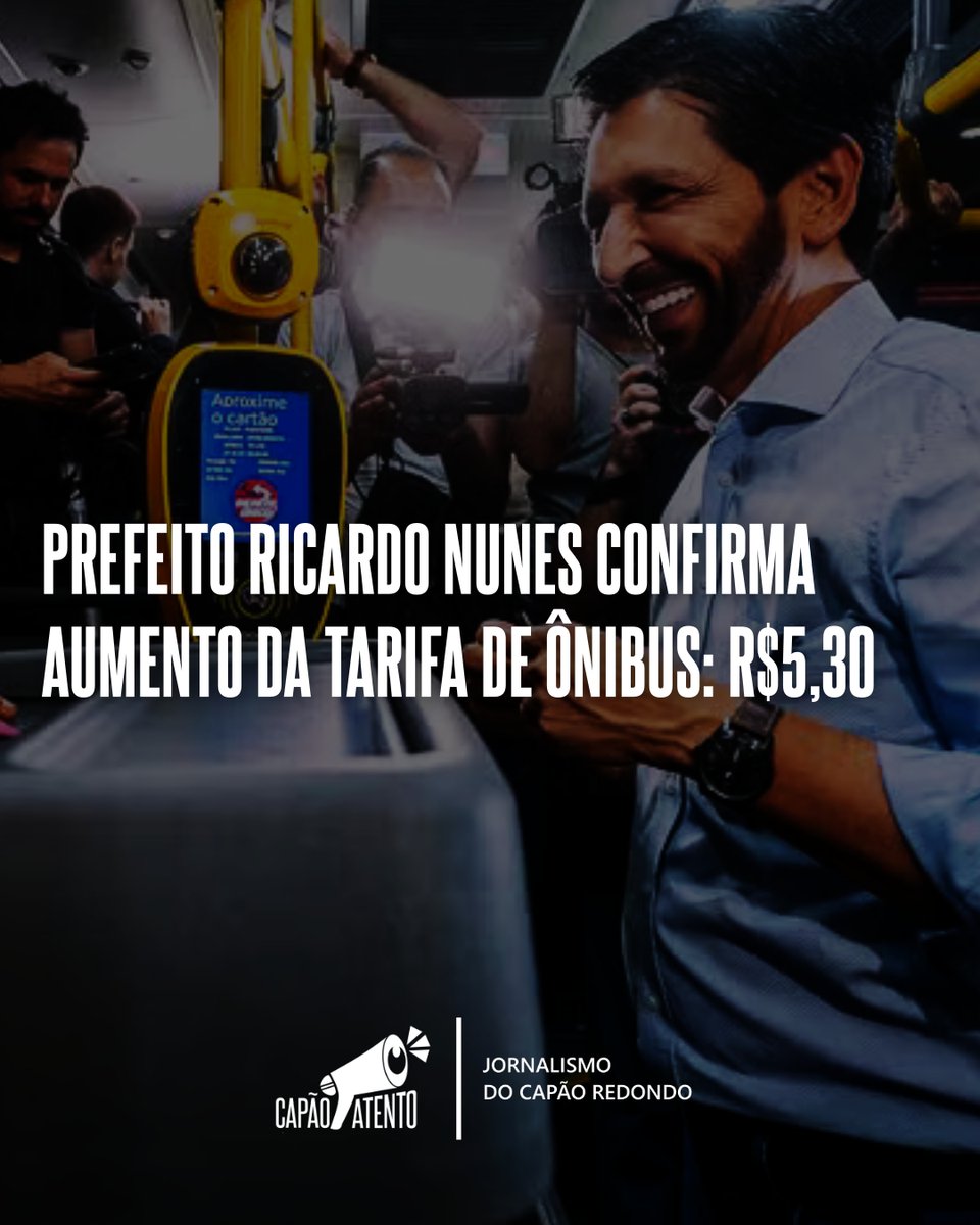 CapaoAtento's tweet image. Confirmado: tarifa de ônibus municipal sobe para R$ 5,30

O prefeito de São Paulo, Ricardo Nunes, confirmou o reajuste da tarifa do ônibus municipal, que passará de R$ 5,00 para R$ 5,30 a partir do dia 5 de janeiro de 2026.