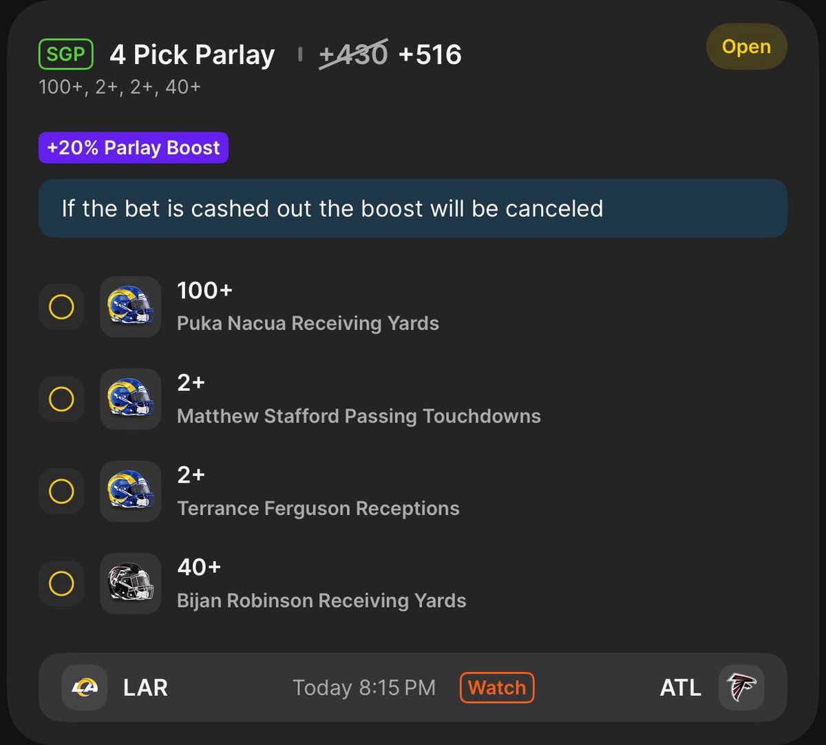steviepicksss's tweet photo. Monday Night Football 🏈
No pick on a side today but placing this parlay…. Let’s see if can end week 17 on a bang 💰
#NFL #MNF #MNFpicks #Rams #falcons https://t.co/WlRamaUGoc