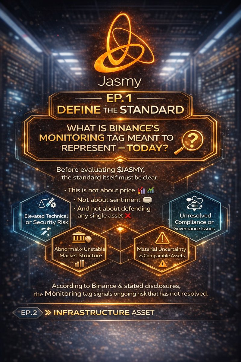 📘 EP.1 — DEFINE THE STANDARD 

Before evaluating $JASMY,
the standard itself must be clear.

This series begins with a simple but necessary question:

👉 What is Binance’s Monitoring tag meant to represent — today? 🔍

This is not about price 📉📈
Not about sentiment 💬
And not