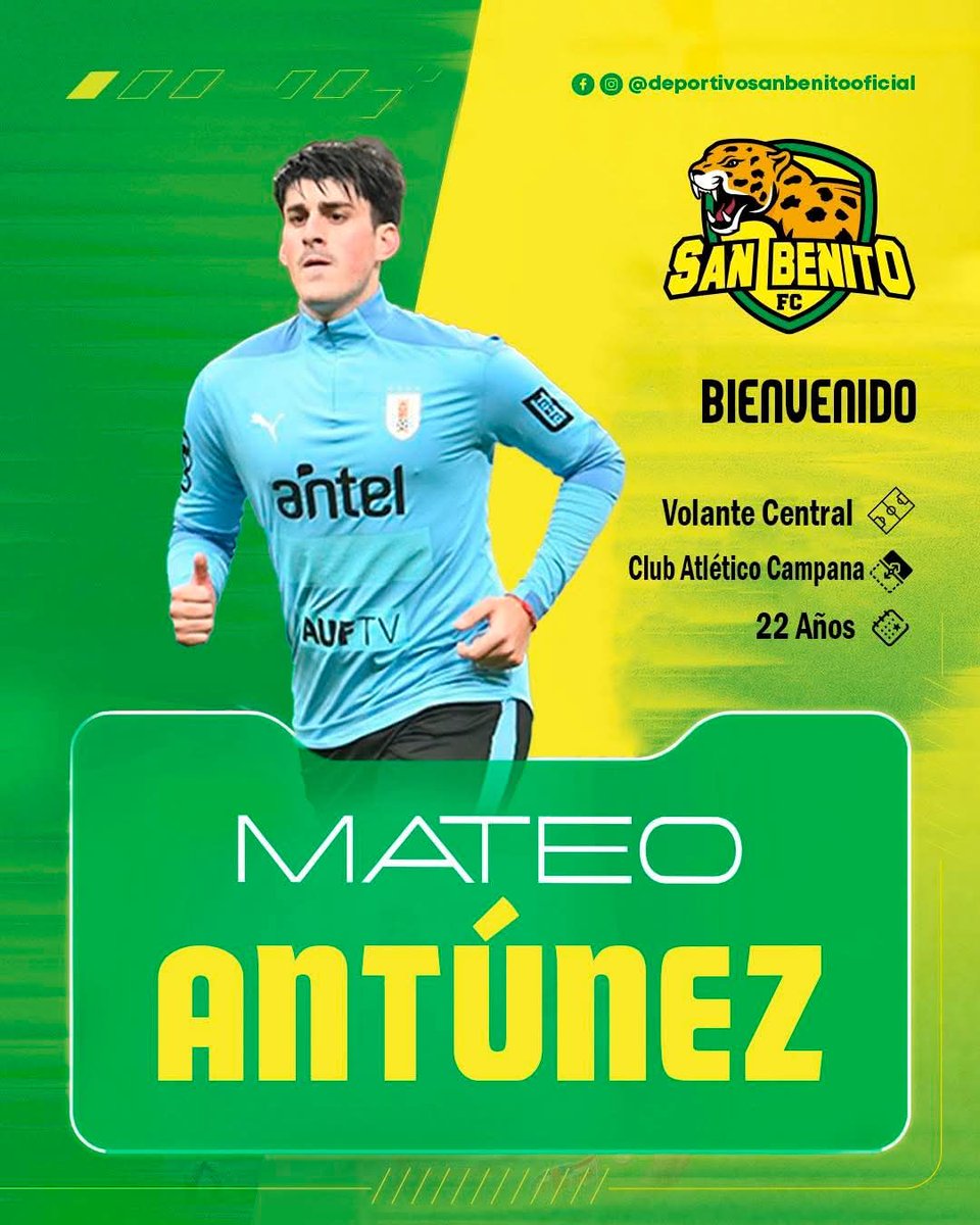#1eraDivisiónGuate

💥⚽ NUEVO REFUERZO DE SAN BENITO⚽

El futbolista uruguayo Mateo Antúnez es el nuevo jugador de San Benito FC de la Liga Primera División.