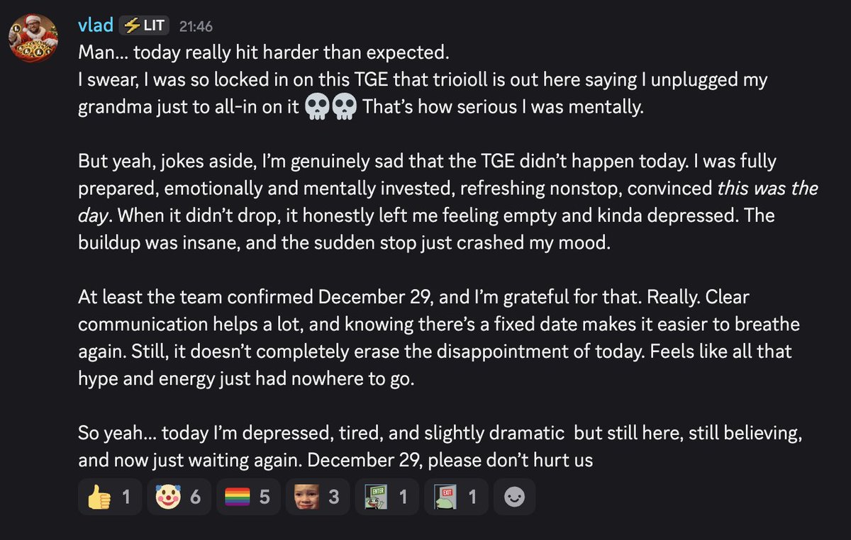 Lighter $LIT CEO (Discord):
“I’m genuinely sad that the TGE didn’t happen today.”
Transparency > silence.
Smart launch loading. ⏳
#LIT #Lighter #TGE #Crypto