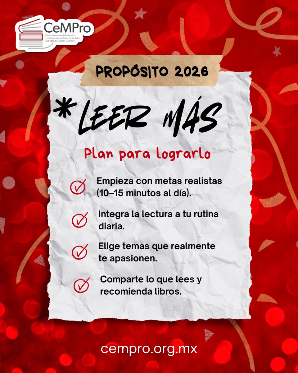Si uno de tus #propósitos este #añonuevo es leer más, empieza con pequeños hábitos, elige historias que te inspiren y haz de la lectura parte de tu día a día 📚✨

Leer también es valorar y proteger el trabajo de quienes crean los libros.

¿Qué otros tips agregarías? 👀