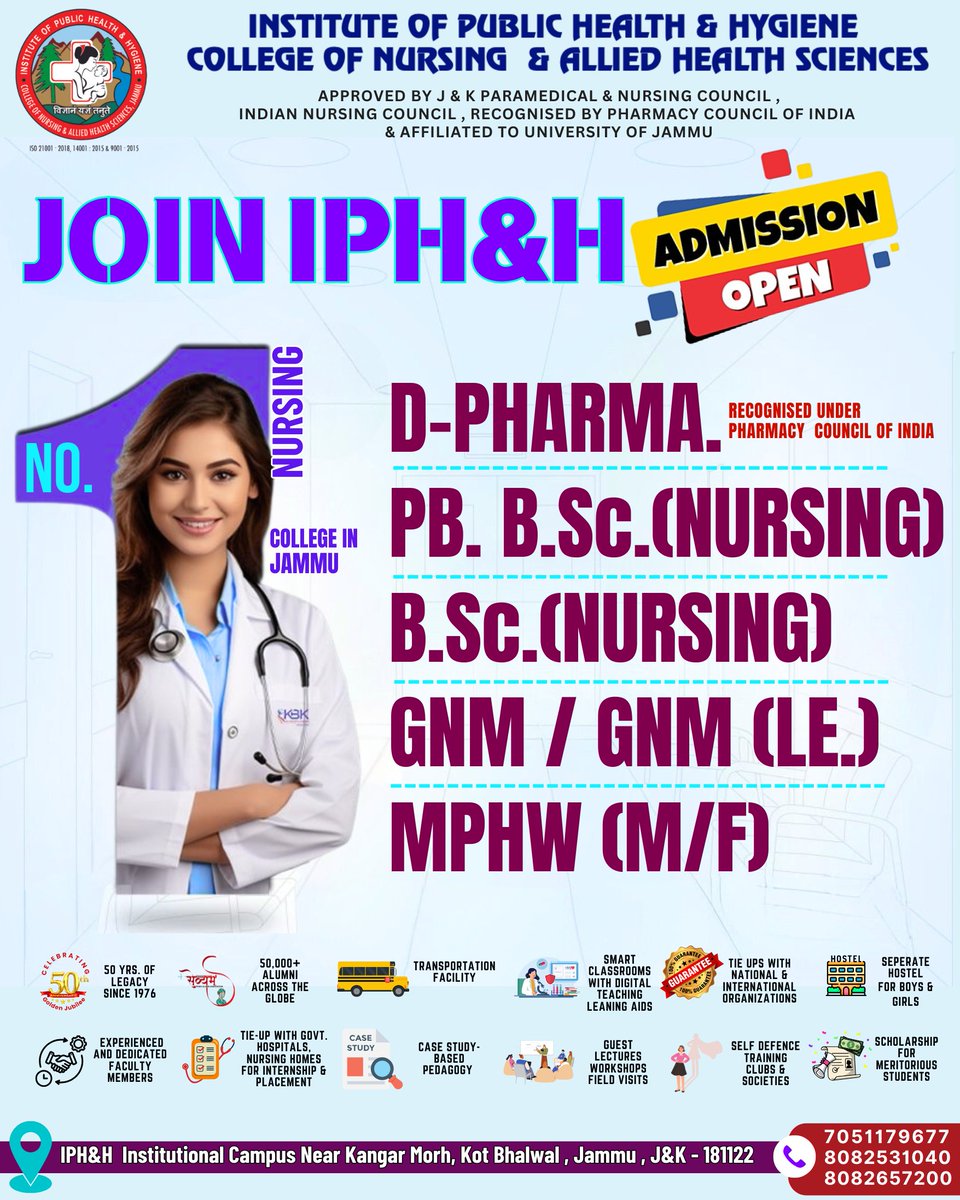 IPHHJammu's tweet photo. Build a Rewarding Career in Healthcare with IPH&H 🩺
🎓 Courses Available:
✅ D-Pharma
✅ B. Sc. Nursing
✅ PB B. Sc. Nursing
✅ GNM
✅ MPHW (M/F)
Call: 7051179677 | 8082531040 | 8082657200
#IPHH #NursingAdmissions #DPharma #BScNursing #GNM #MPHW #HealthcareCareers https://t.co/yRCcyXrgMW