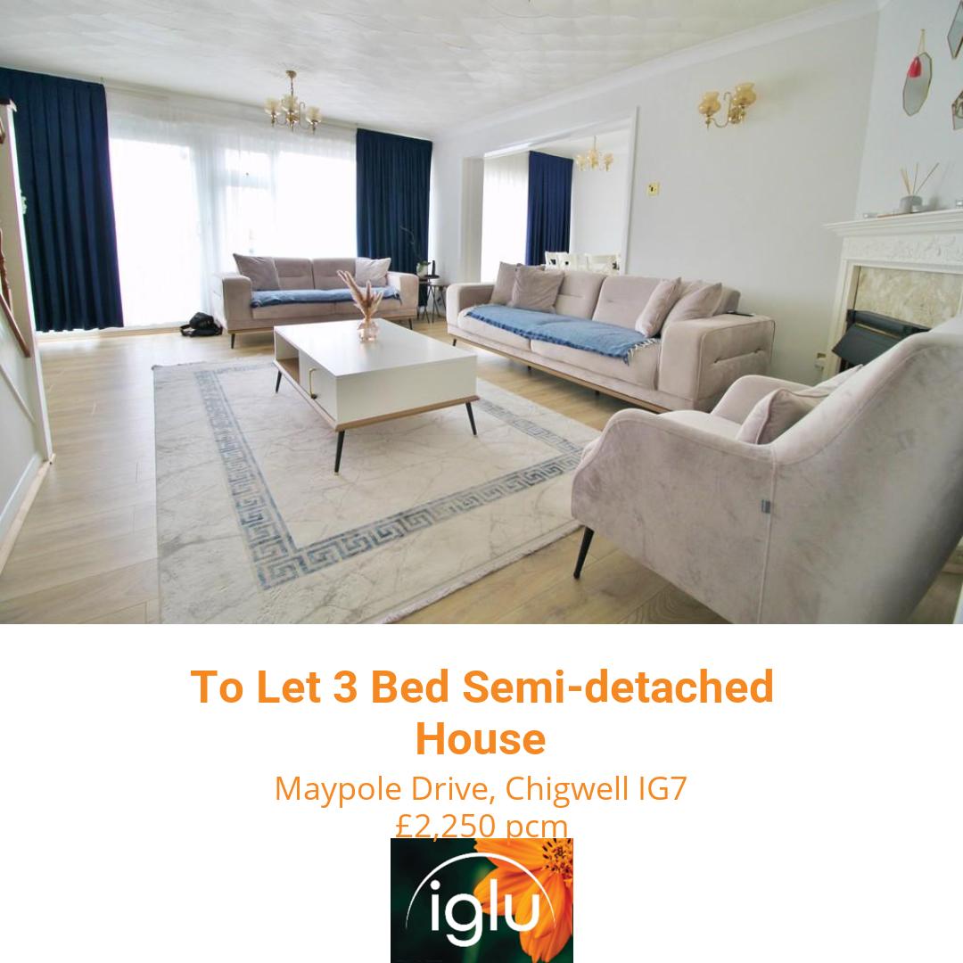 New Property To Let
Maypole Drive, Chigwell IG7
To Let 3 Bed Semi-detached House £2,250 pcm

🏡 Immaculate 3-bedroom semi-detached house for rent  
🌳 Quiet cul-de-sac location in Chigwell  
🍽️ Fully equipped kitchen and two receptions ...