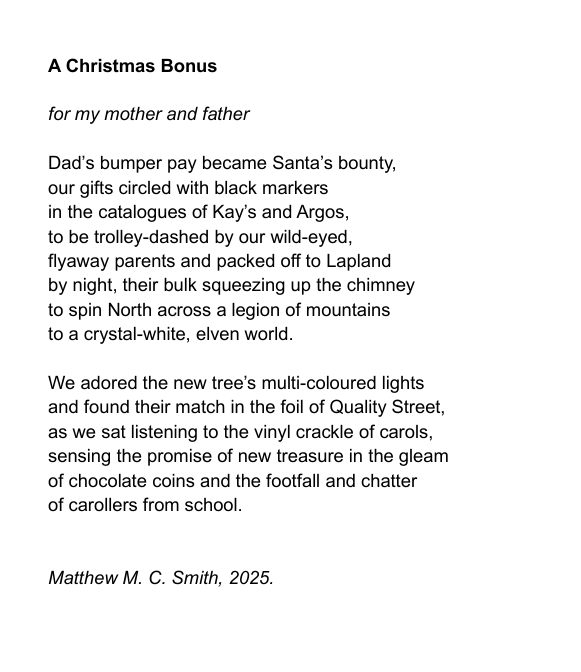 'a crystal-white, elven world' ❄️

'vinyl crackle of carols' 🎶🎄

With the spirit of Christmas, a new poem 'A Christmas Bonus' for this week's  <a href="/TopTweetTuesday/">TopTweetTuesday</a> and one of the themes, 'nostalgia'. 100 word limit was tough.

Look forward to reading/ hosting.

#poetry #Christmas