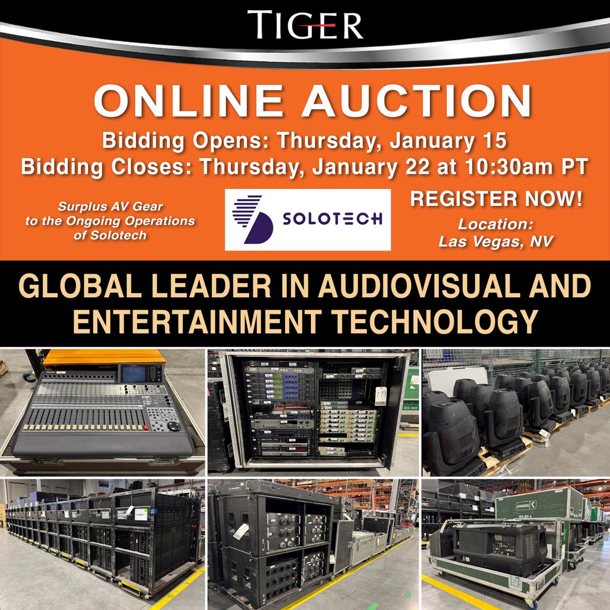 Save the Date | Solotech AV Auction

Kicking off our first sale of 2026, featuring surplus AV equipment from Solotech, a global leader in audiovisual and entertainment technology.

⏰ Closes: Jan 22 at 10:30am (PT)

🔗 View catalog &amp; register: hubs.la/Q03Z8zj60