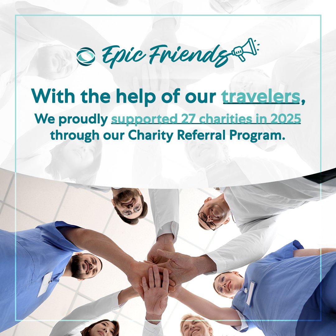 Our Epic Friends Charity Referral Program helped support 27 charities nationwide! 🌟

Thank you for helping us give back—together, we’re making positive change!  

#EpicTravelStaffing #EpicFriends #ChairtyReferralProgam #TravelNurses #AlliedClinician #ReferralProgram