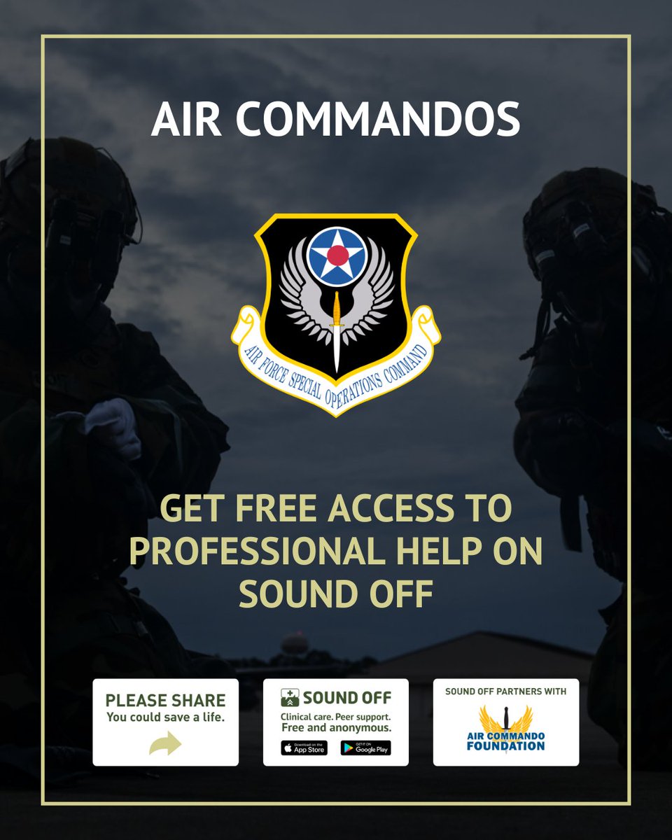 Air Commandos, support is here! Free, confidential care &amp; peer support is available. Learn more: sound-off.com/get-help/ #SoundOff #AirCommandos #VeteranSupport #MentalHealthSupport #PeerSupport #Recovery
