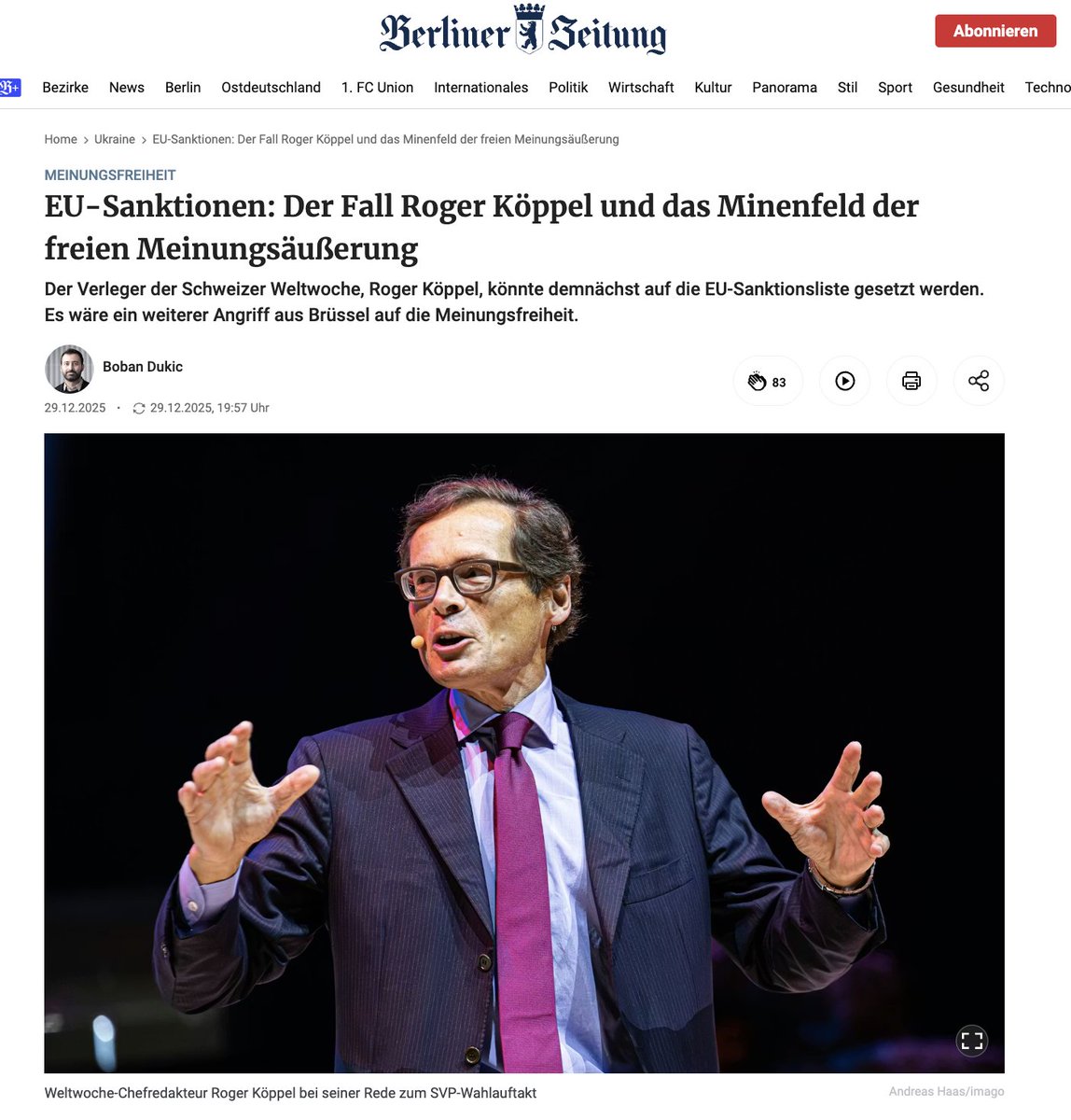 One more time: Die EU gegen die Meinungsfreiheit

"Köppel ist dafür bekannt, jenen Kräften eine Bühne zu bieten, die andernorts kaum noch Gehör finden. Führende europäische Rechtskonservative wie der ungarische Premierminister Viktor Orbán, der serbische Präsident Aleksandar