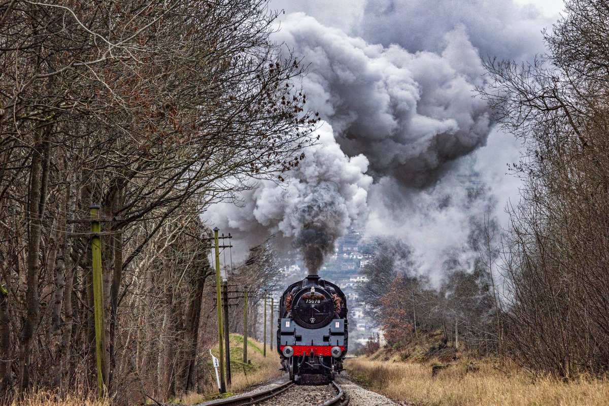 Steaming along the Valley bottom with The Mince Pie Special on Keighley and Worth Valley Railway.