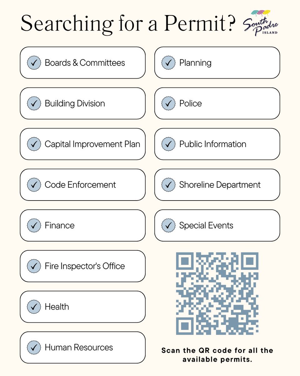 Need to apply for a permit and don't know where to go? Use this link to visit our permits page. myspi.org/category/subca…

Hard copies of all forms are available at City Hall, located at 4601 Padre Boulevard.