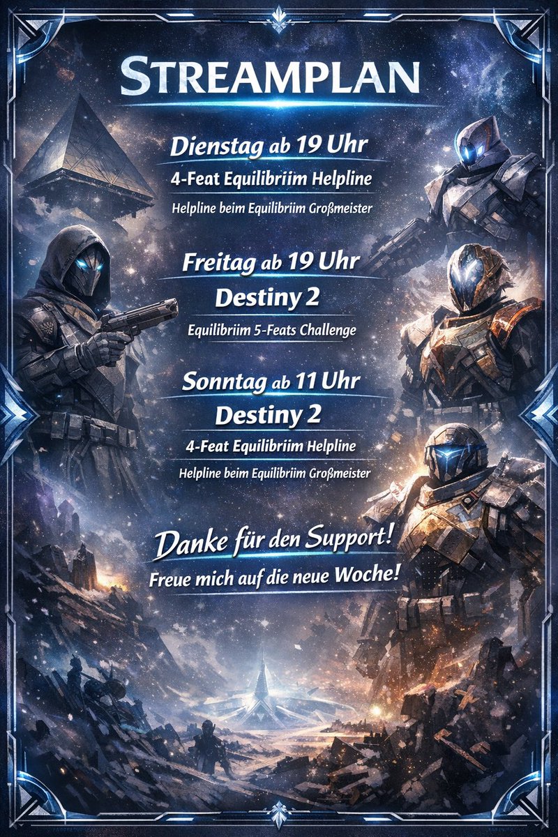 Streamplan für diese Woche! Zum Abschluss des Jahres haue ich nochmal ordentlich Wmbleme raus😀 #Destiny2 #Destiny2Creator