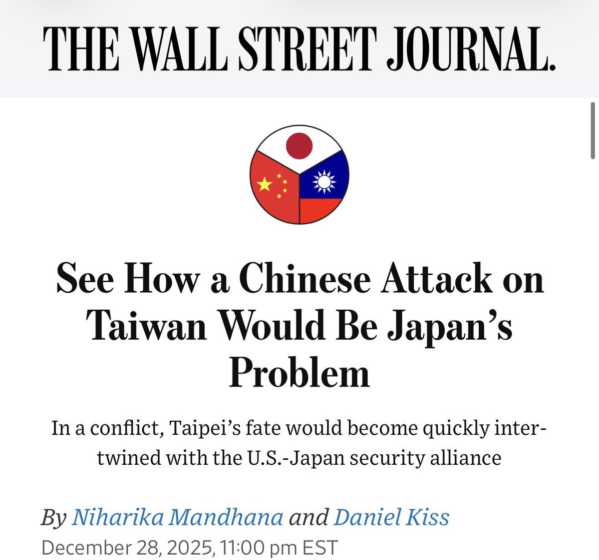 denisewu's tweet image. WSJ is partially correct in its assertion that a “Chinese attack on Taiwan would be Japan’s problem.” 

However, it’ll become a “global problem” before it’s just “Japan’s problem” because the Taiwan Strait is a crucial global shipping lane. 

Any disruption to it would halt all…