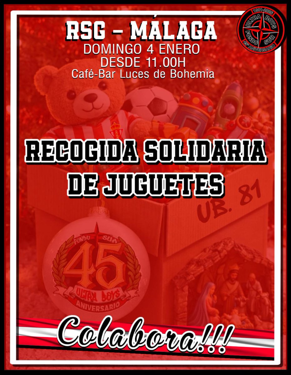 ULTRASGIJON's tweet image. Como cada año desde hace ya décadas, aprovechamos el último partido en El Molinón antes de la mágica Noche de Reyes, para pedir al sportinguismo una nueva muestra de solidaridad, colaborando con la tradicional recogida de juguetes de Ultra Boys.

Contamos con vosotros, Gijonudos!