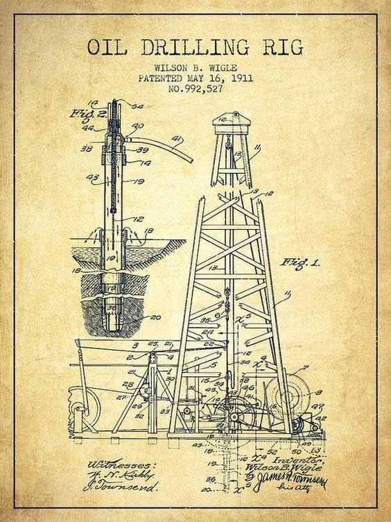Wigle’s patent that designed a way to pump water or mud down the well (hose #41) to flush out rock cuttings while the rig was still using the "lift-and-drop" cable tool method removing the need to constantly stop and bail out the debris manually.