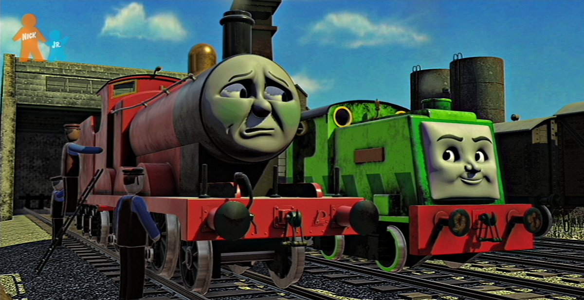 Subiboard's tweet image. James is getting cleaned when A new engine came by to pick up empty trucks.

"Hello, I'm Scruff. I love being smelly and working at the waste dump. What's your name?"

James didn't say anything as his cheeks turned green from Scruff's smell.