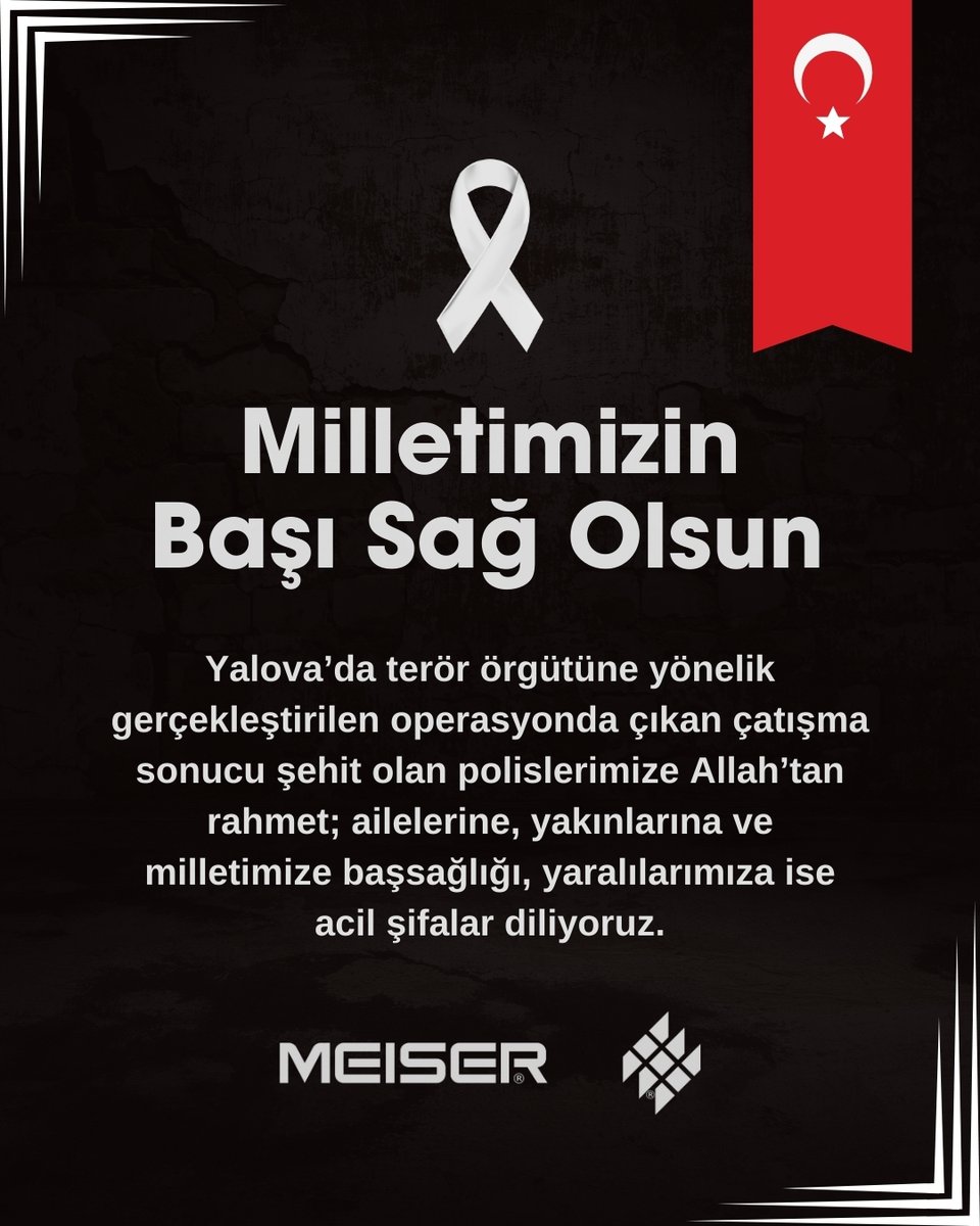 MeiserTR's tweet image. Yalova’da terör örgütüne yönelik gerçekleştirilen operasyonda çıkan çatışma sonucu şehit olan polislerimize Allah’tan rahmet; ailelerine, yakınlarına ve milletimize başsağlığı, yaralılarımıza ise acil şifalar diliyoruz.