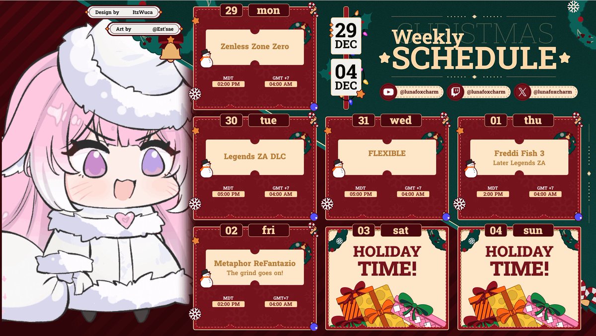— 🎄 ·  𝗪𝗘𝗘𝗞𝗟𝗬 𝗦𝗖𝗛𝗘𝗗𝗨𝗟𝗘 !!         
🗓️ Dec 29th 2025 - Jan 4th 2026  

Last Schedule of the year and into the new year!
