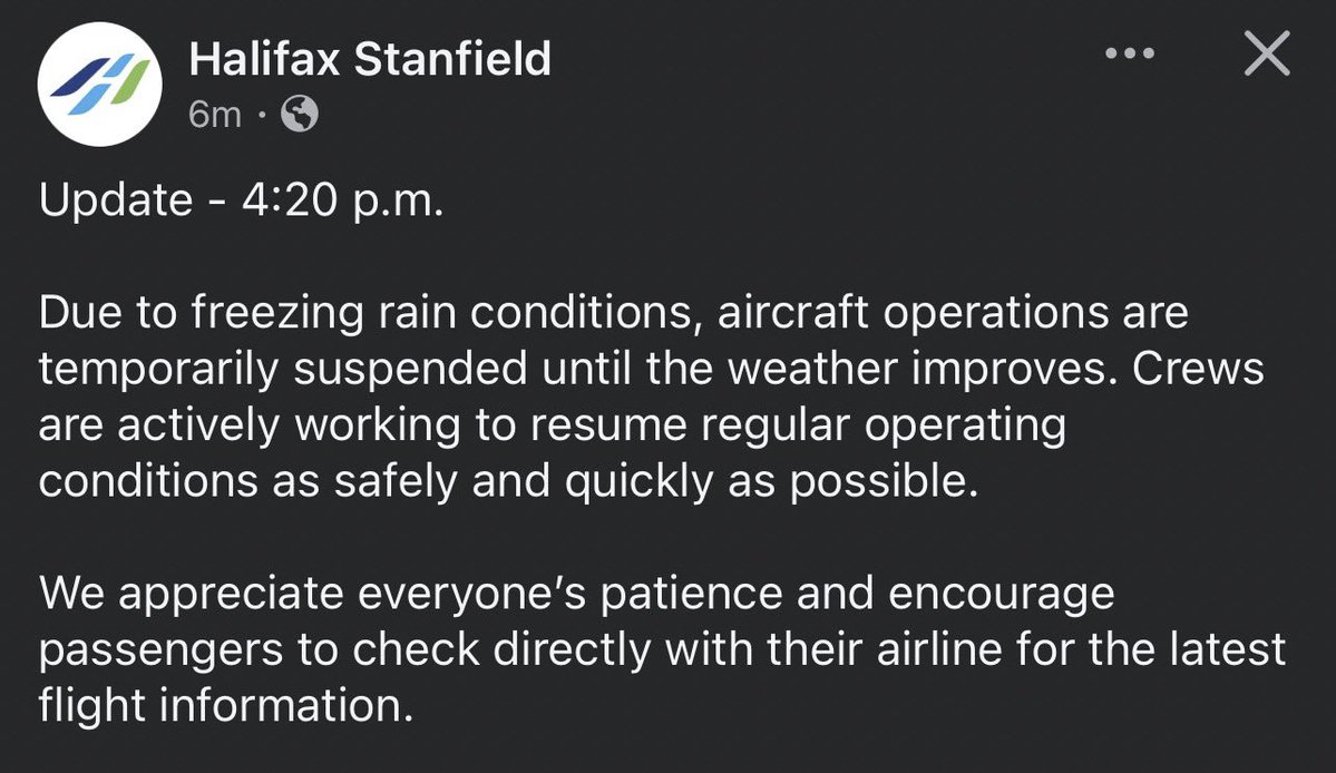 mattdagley's tweet image. Halifax Stanfield Airport

“Update - 4:20 p.m.

Due to freezing rain conditions, aircraft operations are temporarily suspended until the weather improves. Crews are actively working to resume regular operating conditions as safely and quickly as possible.

We appreciate…