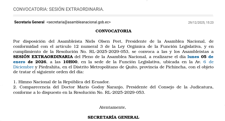 #Convocatoria || <a href="/MarioGodoyEc/">Mario Godoy</a>, presidente del <a href="/CJudicaturaEc/">Consejo de la Judicatura</a>, comparecerá a la <a href="/AsambleaEcuador/">Asamblea Nacional</a> el lunes 5 de enero.

#SesiónExtraordinaria