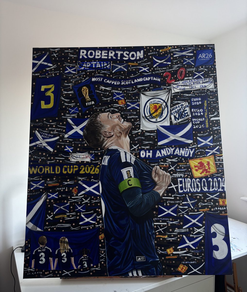 rudkin_abigail's tweet image. This Christmas I had the honour of creating this piece for Andy Robertson, gifted by his lovely wife Rachel. 
The painting captures a moment shortly after his historic achievement of qualifying for the World Cup, as well as, featuring some other international milestones. 💙