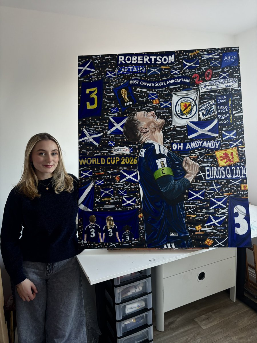 rudkin_abigail's tweet image. This Christmas I had the honour of creating this piece for Andy Robertson, gifted by his lovely wife Rachel. 
The painting captures a moment shortly after his historic achievement of qualifying for the World Cup, as well as, featuring some other international milestones. 💙