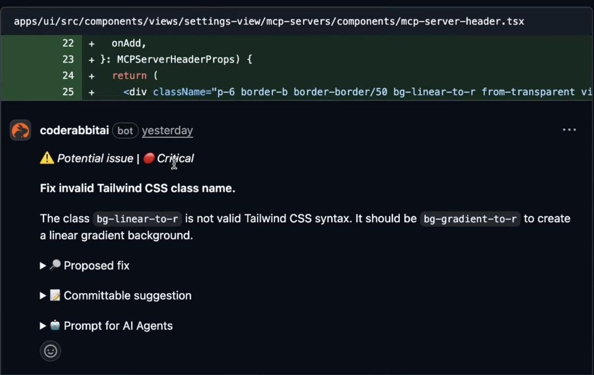 wisdom_adebola's tweet photo. Why is @coderabbitai marking “Invalid Tailwind CSS class name” as a critical issue?

I’d prefer critical issues to be reserved for actual security vulnerabilities. https://t.co/XWFMzlFiVB