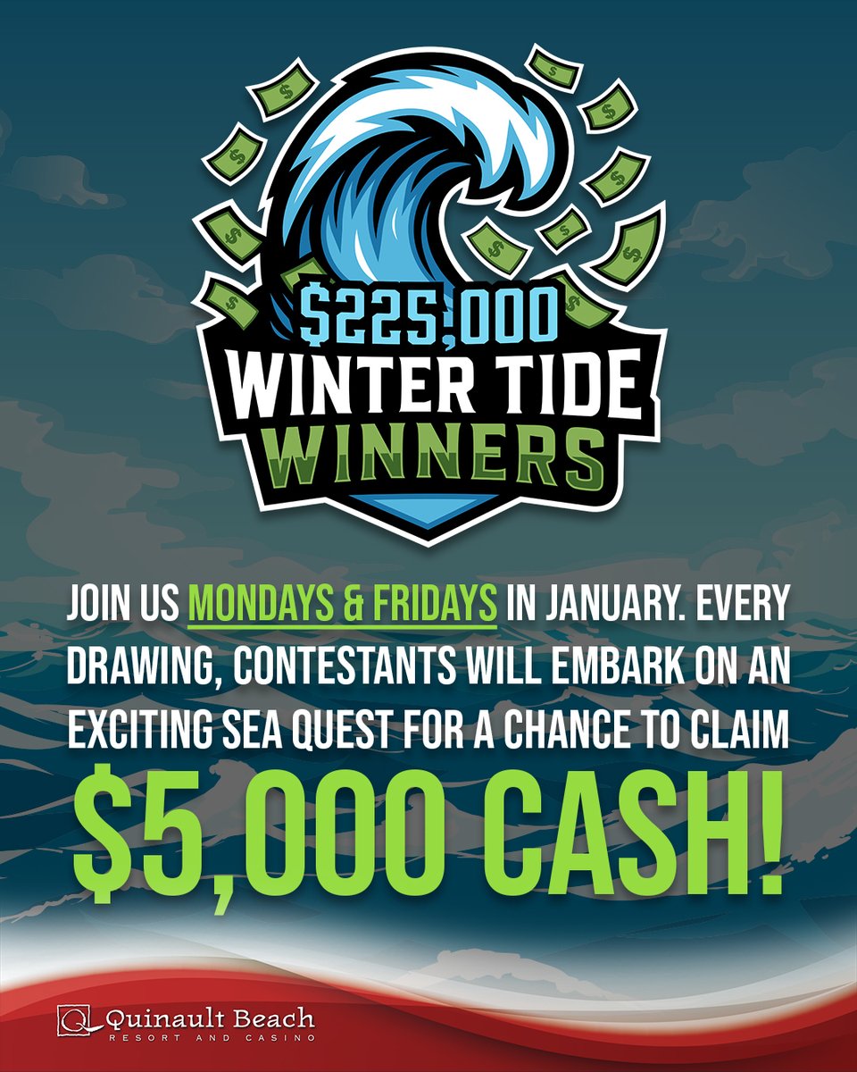 QBRC's tweet image. Every Mon &amp;amp; Fri in January, one winner per drawing will face the tides for a chance at up to $5k CASH!

How it works:
 - Every drawing, 1 name is chosen
 - The winner picks from 13 tide markers at each level
 - Win Freeplay or advance to the next tide

 - 45 drawings
 - 5PM–9PM