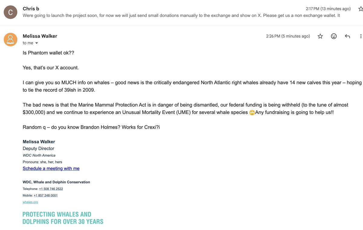 $MagaWhale here to save whales around the world. Fees going to Whales.org <a href="/whales_org/">Whale & Dolphin Conservation (WDC)</a>.

CA: GuLHDehDBf9rAsiXuRP2Px4UZK14iyt5uzXSMoNspump

We will manually send the fees for now through their website via crypto. But in the meantime <a href="/whales_org/">Whale & Dolphin Conservation (WDC)</a> is creating a non