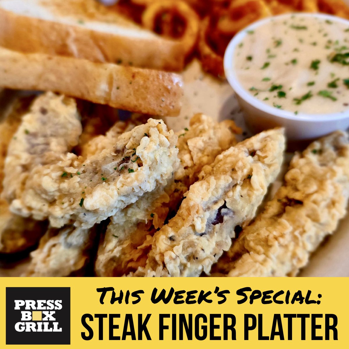 pressboxgrill's tweet image. This week’s special is a “Better Than DQ” Steak Finger Platter! 🥩☝️ House-cut, hand-breaded steak fingers served with curly fries, buttered toast, and our southern-style gravy. Stop by today!

#dallaseats #dallasrestaurants #dallasfoodie #downtowndallas #dallastx