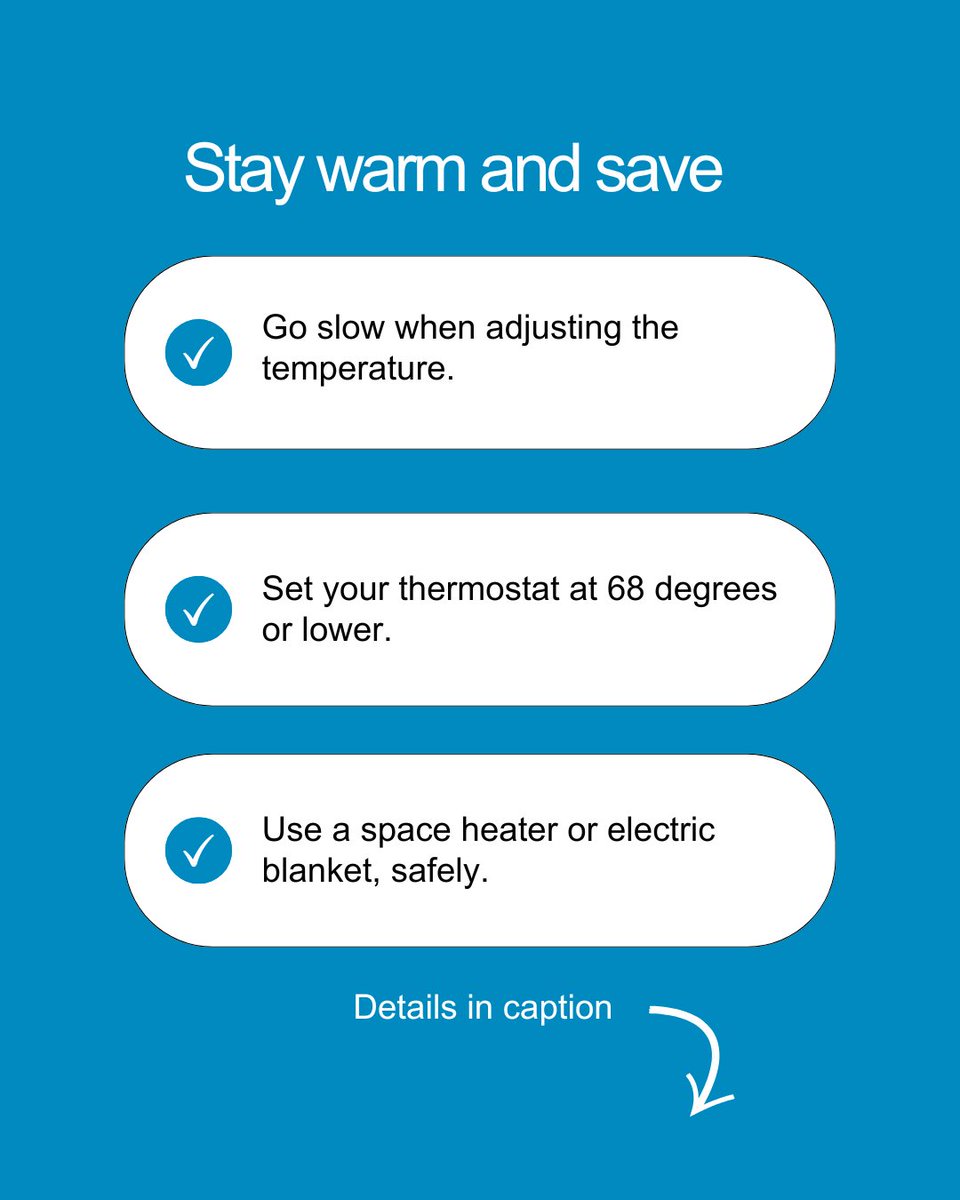 insideFPL's tweet image. Don’t let Florida’s cold snap catch you off guard! Stay warm and save with these easy tips:

✅ Go slow when adjusting the temperature. Raising it more than two degrees can activate auxiliary heat. Using auxiliary heat for over 12 hours a day may add upwards of $15 daily to your…