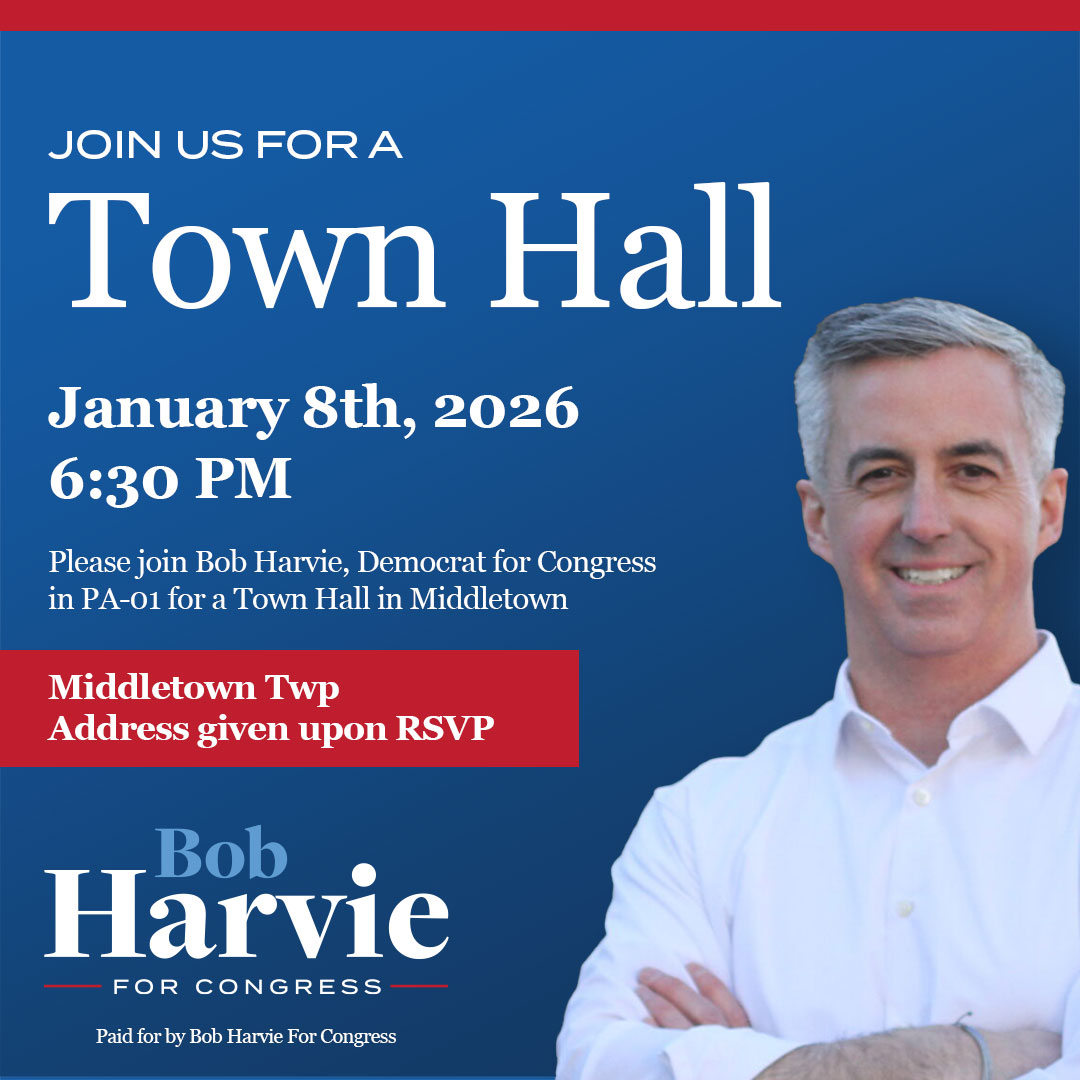 Bobharvie_PA01's tweet photo. Our next Town Hall is officially on the calendar — January 8th in Middletown — and I hope you’ll join me for my fifth Town Hall since launching my campaign. Sign-Up using the link here! (1/3)
https://t.co/uKk6hpzrhi https://t.co/K0jvewxuxm