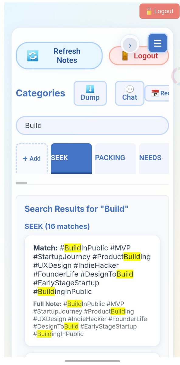 chethansaikris's tweet photo. Notetaking App Journey-

I have implemented search feature but when u dont remeber exact word,then AI with context of entire  notes helps.

 #BuildInPublic #MVP #StartupJourney #ProductBuilding  #IndieHacker #FounderLife #DesignToBuild #EarlyStageStartup #BuildingInPublic https://t.co/SZDXM2tmiW