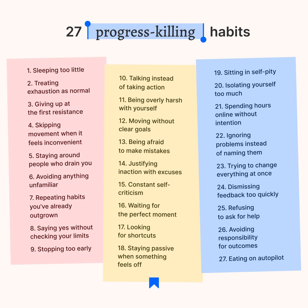 get_headway's tweet photo. Progress doesn't usually fail in big, dramatic ways. It slips through small habits we stop noticing. 🍃🚪

You don't need to change all 27. But one of them probably made you pause. 

Which one felt uncomfortably familiar today? 👀👇

#SelfReflection #PersonalGrowth #MindsetCheck #HabitAwareness
#GrowthJourney #MentalClarity #HeadwayApp