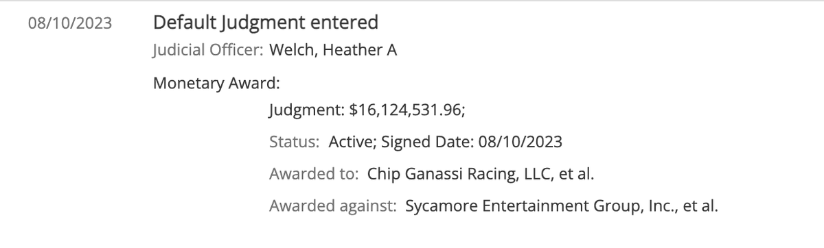 Segi_Lawsuits's tweet photo. 🚨Date Change for the $Segi Chip Ganassi Racing v Edward Sylvan Hearing

Hearing on Motion for Rule to Show Cause: 01/14/2026 3:00 P.M.
Default Judgment: Monetary Award

Judgment: $16,124,531.96

Status:  Active
Signed Date: 08/10/2023
Awarded to: Chip Ganassi Racing, LLC, et al. https://t.co/yEHPnYrcpm