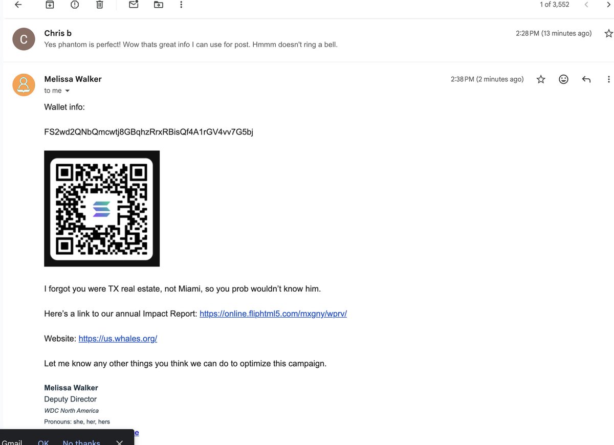 We have their address! Please let us start the CTO and make our first manual donation in the meantime. $MagaWhale

GuLHDehDBf9rAsiXuRP2Px4UZK14iyt5uzXSMoNspump

FS2wd2QNbQmcwtj8GBqhzRrxRBisQf4A1rGV4vv7G5bj