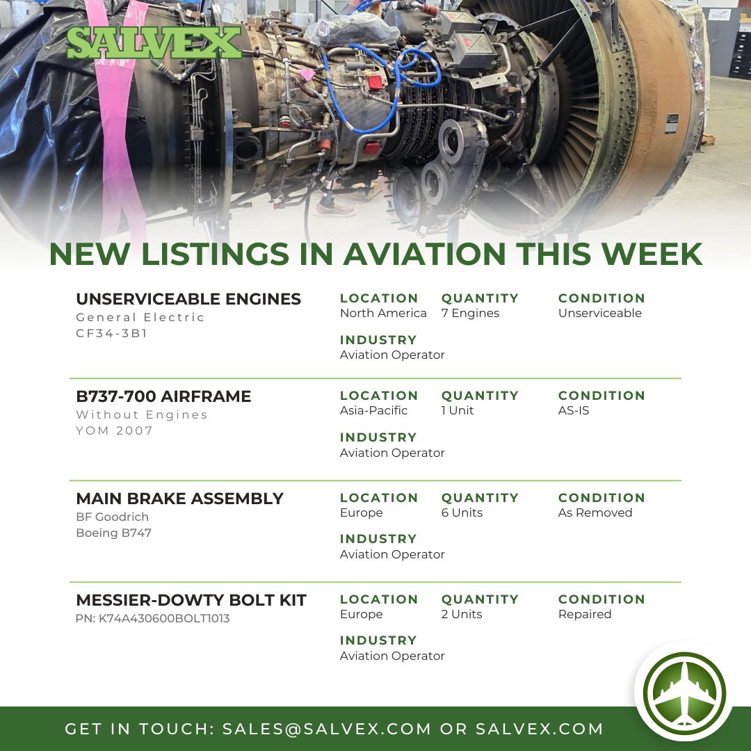aviation_ai's tweet photo. New aviation assets available from global operators, including engines, airframes, and components offered as removed or unserviceable.

Learn more at https://t.co/upBXO0SqvL

#Aviation #Aerospace #AircraftParts #AssetRecovery #Salvex https://t.co/tKcXE2CYjh