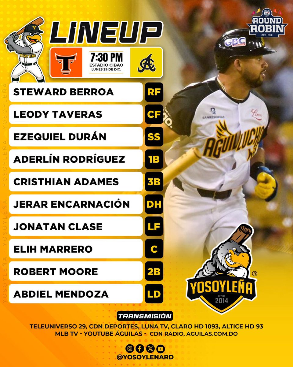 Alineación de nuestras <a href="/aguilascibaenas/">Águilas Cibaeñas</a> esta noche contra los <a href="/TorosdelEste/">Toros Del Este</a> en el Estadio Cibao. 

#YoSoyLeña