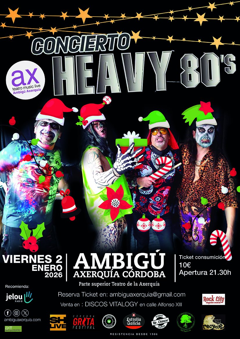 Heavy  80 hará vibrar el Ambigú Axerquía de Córdoba el próximo 2 de enero, en  una noche que promete transportar al público a la esencia más pura del  heavy metal de los años ochenta.
Apertura a las 21.30h
Reservas en ambiguaxerquia@gmail.com
<a href="/IMAECordoba/">IMAEcordoba</a>