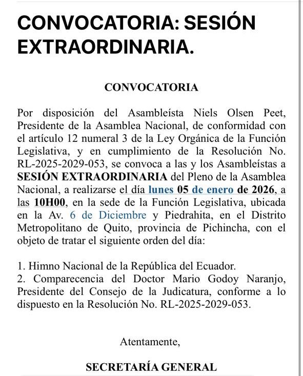 OFICIAL: como estaba previsto, la Asamblea Nacional adelantará un día el fin del receso legislativo, y convocó a comparecencia al presidente del Consejo de la Judicatura, Mario Godoy, para el lunes 5 de enero.

Es el último de los 8 días término aprobados en la resolución del