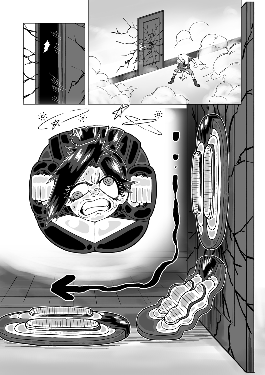 SugoiMyth's tweet photo. @BYOU_herigawa A serious Saz sounds scary, but Blizz is always one step ahead. A swift swing of a door with a sneaky smirk, the silly Saz is suddenly stopped with a resounding splat! (2/3)

Art still by fantastic @BYOU_herigawa 
Stopped Saz https://t.co/PMGHHA9FRO

#平面化 #縦平面化 #状態変化 https://t.co/3vKCU5HRyF