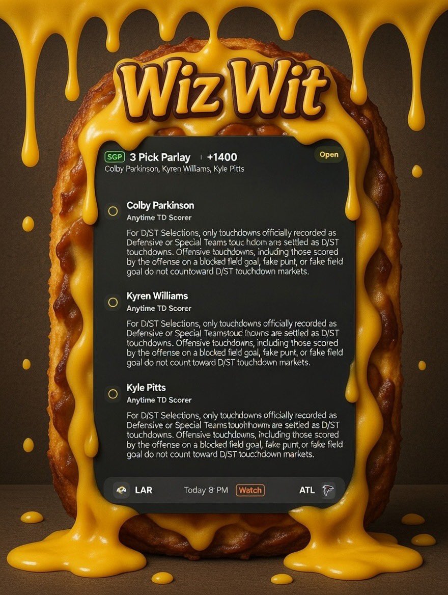 🚨 WIZ WIT  +1400 🧀🧀🧀

Extra cheez dripping all over this one  🧀💰#MNF !

$100 CASHAPP/VENMO to ONE person when it SMASHES 💥

To enter:  
✅ LIKE  
✅ COMMENT “WIZ WIT”  
✅ REPOST  

Who’s tailing the Cheeez? 🔗⬇️